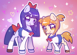 Size: 2560x1847 | Tagged: safe, artist:leslie, derpibooru import, earth pony, pony, :3, anime, bow, bowtie, clothes, duo, duo female, female, gradient background, hair bow, heart, kneesocks, looking at you, mare, outline, pipimi, ponified, pop team epic, popuko, sailor uniform, shoes, skirt, smiling, socks, species swap, stars, tail, tail bow, uniform, white outline