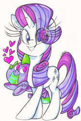 Size: 1565x2324 | Tagged: safe, artist:colorharmonypeeps, derpibooru import, rarity, spike, dragon, pony, unicorn, g4, age difference, colored sketch, duo, duo male and female, female, floating, heart, heart eyes, horn, male, mare, shipping, sketch, sparity, straight, traditional art, wingding eyes, wingless spike