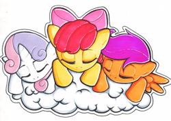 Size: 2298x1626 | Tagged: safe, artist:silly-da-billie, derpibooru import, apple bloom, scootaloo, sweetie belle, earth pony, pegasus, pony, unicorn, g4, adorabloom, awww, cloud, cute, cutealoo, cutie mark crusaders, daaaaaaaaaaaw, diasweetes, eyes closed, female, filly, foal, hnnng, horn, mare, simple background, sleeping, trio, white background