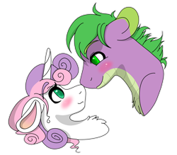 Size: 2618x2290 | Tagged: safe, artist:momo-muddycakes, derpibooru import, spike, sweetie belle, dragon, pony, unicorn, g4, blushing, chest fluff, cute, diasweetes, duo, duo male and female, female, horn, looking at each other, looking at someone, male, mare, older, older spike, older sweetie belle, ponified, ponified spike, ship:spikebelle, shipping, simple background, species swap, spikabetes, stallion, straight, transparent background