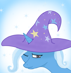 Size: 1803x1858 | Tagged: safe, artist:_luckyy, derpibooru import, trixie, pony, unicorn, g4, bust, clothes, female, hair over one eye, hat, horn, looking back, nervous, nervous smile, one eye closed, portrait, smiling, solo, stars, trixie's hat