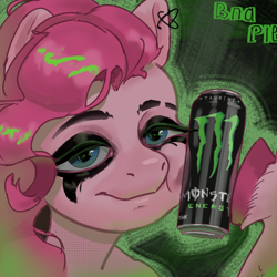 Size: 1000x1000 | Tagged: safe, artist:bnapie, derpibooru import, pinkie pie, earth pony, pony, g4, drink, ear piercing, energy drink, female, looking at you, makeup, mare, monster energy, piercing, smiling, smiling at you, solo