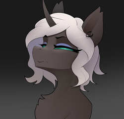 Size: 3132x3019 | Tagged: artist needed, safe, derpibooru import, oc, oc:kitu elder, changeling, changeling queen, ear piercing, earring, ears, eyelashes, eyeshadow, female, glare, gradient background, gray coat, horn, jewelry, makeup, piercing, teal eyes, white mane