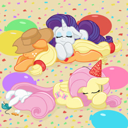 Size: 1500x1500 | Tagged: safe, artist:yoshimarsart, derpibooru import, angel bunny, applejack, fluttershy, rarity, earth pony, pegasus, pony, unicorn, g4, cute, female, hat, horn, jackabetes, lesbian, mare, party hat, raribetes, rarijack, shipping, shyabetes, sleepy