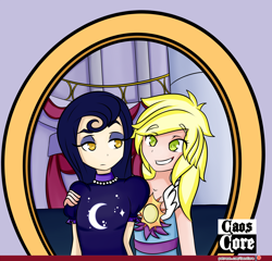 Size: 1500x1442 | Tagged: safe, artist:caoscore, derpibooru import, moonlight raven, sunshine smiles, human, canterlot boutique, g4, clothes, dress, female, humanized, indoors, mirror, siblings, sisters