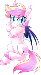 Size: 1812x3310 | Tagged: safe, artist:scarlet-spectrum, derpibooru import, oc, oc only, oc:confectionery bliss, bat pony, pony, bat pony oc, bat wings, colored hooves, ear fluff, ears, female, freckles, hooves, looking at you, mare, simple background, sitting, slit eyes, smiling, solo, spread wings, transparent background, underhoof, unshorn fetlocks, wings, wristband