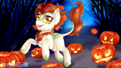 Size: 1920x1080 | Tagged: safe, artist:tokokami, derpibooru import, autumn blaze, kirin, pony, g4, sounds of silence, female, halloween, halloween 2018, holiday, jack-o-lantern, pumpkin, solo