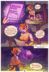 Size: 2126x3081 | Tagged: safe, artist:juxi, derpibooru import, oc, oc only, oc:kiva, anthro, comic, forest, nature, night, outdoors, solo, tree