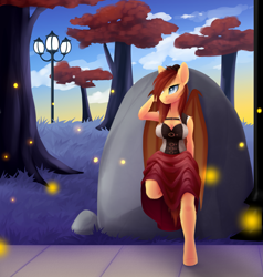 Size: 2387x2512 | Tagged: safe, artist:scarlet-spectrum, derpibooru import, oc, oc only, oc:silver veil, anthro, bat pony, unguligrade anthro, anthro oc, bat pony oc, bat wings, breasts, cleavage, clothes, commission, female, grass, mare, outdoors, rock, solo, tree, wings