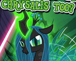 Size: 377x301 | Tagged: safe, derpibooru import, queen chrysalis, changeling, changeling queen, g4, cropped, english, female, gameloft, looking at you, meme, my little pony: magic princess, question, question mark, solo, text, unamused, wow! glimmer