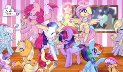 Size: 3193x1878 | Tagged: safe, artist:twily-star, derpibooru import, apple bloom, applejack, derpy hooves, dinky hooves, fluttershy, pinkie pie, rainbow dash, rarity, scootaloo, sweetie belle, twilight sparkle, twilight sparkle (alicorn), oc, oc:snowdrop, alicorn, earth pony, pegasus, pony, unicorn, g4, ><, christmas, christmas tree, clothes, cloud, cookie, cupcake, cute, cutie mark crusaders, eye clipping through hair, eyes closed, female, filly, foal, food, halo, hat, holiday, horn, mane six, mare, mother and child, mother and daughter, mug, one eye closed, open mouth, parent and child, santa hat, scarf, siblings, sisters, tree, wink