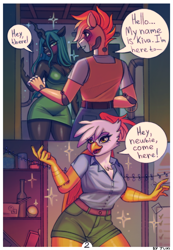 Size: 2126x3081 | Tagged: safe, artist:juxi, derpibooru import, gilda, queen chrysalis, oc, oc:kiva, anthro, g4, comic, indoors