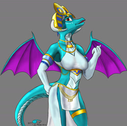 Size: 2124x2116 | Tagged: safe, alternate version, artist:thunderblitz1, derpibooru import, princess ember, anthro, dragon, g4, armpits, breasts, clothes, costume, dragoness, egyptian, empress, female, gold, headpiece, jewelry, lizard breasts, multiple variants, princess, scales, solo, tail, wings