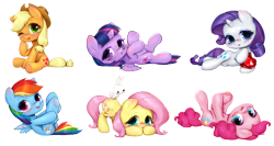 Size: 3000x1599 | Tagged: safe, artist:catmag, derpibooru import, angel bunny, applejack, fluttershy, pinkie pie, rainbow dash, rarity, twilight sparkle, twilight sparkle (alicorn), alicorn, pony, g4, blushing, chibi, ear blush, female, fire ruby, gem, lying down, mane six, mare, on back, ruby, simple background, transparent background