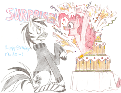 Size: 3297x2550 | Tagged: safe, artist:prismspark, derpibooru import, pinkie pie, oc, earth pony, pony, zebra, g4, birthday, birthday cake, cake, clothes, colored pencil drawing, confetti, duo, duo male and female, female, food, glaze, gritted teeth, happy birthday, high res, looking at each other, looking at someone, male, male oc, mare, open mouth, open smile, pinpoint eyes, popping out of a cake, present, raised hoof, raised leg, simple background, sitting, smiling, surprise cake, surprised, sweater, table, teeth, traditional art, unshorn fetlocks, white background, zebra oc