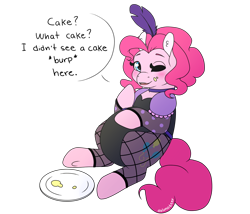 Size: 1556x1335 | Tagged: safe, artist:dalunadeer, derpibooru import, pinkie pie, earth pony, pony, g4, blatant lies, chubby, clothes, dish, dress, fat, female, leotard, mare, obese, piggy pie, pudgy pie, puffy sleeves, saloon dress, saloon pinkie, simple background, solo, stuffed, transparent background