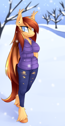 Size: 1768x3390 | Tagged: safe, artist:scarlet-spectrum, derpibooru import, part of a set, oc, oc only, oc:silver veil, anthro, bat pony, unguligrade anthro, anthro oc, bat pony oc, clothes, coat, commission, female, looking at you, outdoors, pants, ripped pants, smiling, snow, snowfall, solo, torn clothes, tree, unshorn fetlocks, winter