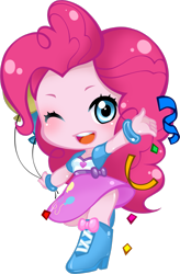 Size: 1985x3020 | Tagged: safe, artist:yuuabyss, derpibooru import, pinkie pie, human, equestria girls, g4, balloon, chibi, confetti, cute, diapinkes, female, one eye closed, simple background, solo, streamers, transparent background, wink