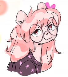 Size: 1357x1537 | Tagged: safe, artist:khvorost162, derpibooru import, oc, oc only, oc:krista pebble, earth pony, :3, bow, clothes, cute, female, freckles, glasses, pink mane, shirt, solo, t-shirt