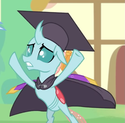 Size: 685x673 | Tagged: safe, derpibooru import, screencap, ocellus, changedling, changeling, g4, uprooted, bipedal, cropped, graduation cap, hat, outdoors, solo