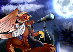 Size: 2100x1500 | Tagged: safe, artist:legendaryshadee, derpibooru import, oc, oc only, oc:pavlos, griffon, bandage, clothes, male, night, outdoors, scarf, solo, striped scarf, telescope