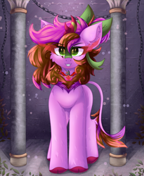 Size: 2700x3300 | Tagged: safe, artist:gaffy, derpibooru import, oc, oc only, oc:sharp stem, kirin, alicorn amulet, castle, chains, cheek fluff, column, ear fluff, ears, evil smile, front view, halloween, holiday, indoors, kirin oc, leaves, smiling