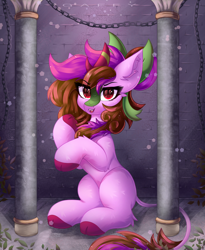 Size: 2700x3300 | Tagged: safe, alternate version, artist:gaffy, derpibooru import, oc, oc only, oc:sharp stem, kirin, castle, chains, column, ear fluff, ears, evil smile, eye clipping through hair, female, indoors, kirin oc, leaves, sitting, smiling