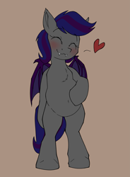 Size: 1729x2346 | Tagged: safe, artist:luxsimx, derpibooru import, oc, oc only, oc:firestarter, bat pony, pony, bat pony oc, belly, belly button, bipedal, blushing, cute, eyes closed, fangs, female, floating heart, heart, mare, ocbetes, pregnant, round belly, smiling, solo