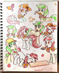 Size: 689x859 | Tagged: safe, artist:dandy, derpibooru import, apple fritter, candy apples, pony, g4, apple, apple family member, board, bow, braid, braided pigtails, butt, clothes, colored pencil drawing, cute, dancing, dock, eyes closed, female, food, hair bow, hair tie, hammer, happy, hard hat, hat, lying down, mare, mouth hold, open mouth, open smile, paintbrush, photo, pigtails, plot, redraw, smiling, tail, traditional art