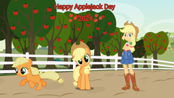 Size: 3464x1948 | Tagged: safe, artist:lizzmcclin, derpibooru import, applejack, earth pony, human, pony, equestria girls, g4, apple, apple tree, applejack day, female, fence, filly, filly applejack, foal, mare, outdoors, solo, tree, younger