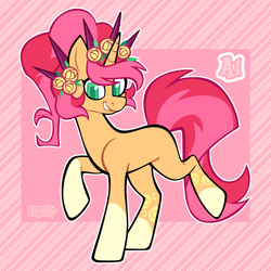 Size: 3000x3000 | Tagged: safe, artist:3ggmilky, derpibooru import, oc, oc only, pony, unicorn, bipedal, coat markings, colored pupils, crossover fusion, female, floral head wreath, flower, flower in hair, fusion, fusion:pink diamond (steven universe), fusion:sunset shimmer, green eyes, green pupils, grin, head turn, horn, leg markings, looking at you, mare, ponytail, raised hoof, raised leg, smiling, socks (coat marking), solo, square pupils, steven universe, striped background