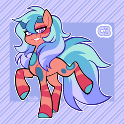 Size: 3000x3000 | Tagged: safe, artist:3ggmilky, derpibooru import, oc, oc only, earth pony, pony, bipedal, body markings, colored hooves, colored pupils, crossover fusion, facial markings, female, fusion, fusion:jasper (steven universe), fusion:trixie, gradient mane, gradient tail, grin, hooves, horns, lidded eyes, looking at you, mare, purple eyes, purple pupils, smiling, solo, square pupils, steven universe, striped background, stripes, tail