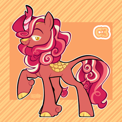 Size: 3000x3000 | Tagged: safe, artist:3ggmilky, derpibooru import, oc, oc only, kirin, blonde eyelashes, brown pupils, cloven hooves, colored eyelashes, colored hooves, colored pupils, cookie run, crossover fusion, female, fetlock tuft, fusion:autumn blaze, fusion:raspberry cookie (cookie run), golden eyes, hooves, lidded eyes, looking at you, open mouth, open smile, raised hoof, raised leg, shiny hooves, smiling, solo, striped background, yellow hooves