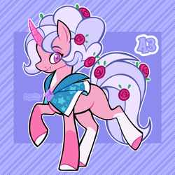 Size: 3000x3000 | Tagged: safe, artist:3ggmilky, derpibooru import, oc, oc only, pony, unicorn, bipedal, brooch, cape, clothes, coat markings, colored hooves, colored horn, crossover fusion, curved horn, diamond pupils, female, flower, flower in tail, fusion, fusion:pink diamond (steven universe), fusion:trixie, grin, hooves, horn, jewelry, looking at you, magenta eyes, mare, mismatched hooves, rose, smiling, socks (coat marking), solo, striped background, tail