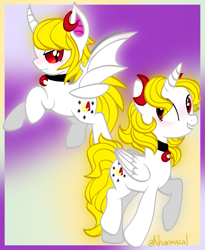 Size: 791x964 | Tagged: safe, artist:kharmacal, derpibooru import, oc, oc only, oc:lucia nightblood, alicorn, bat pony, bat pony alicorn, alicorn oc, base used, bat wings, colored lineart, colorful, duality, horn, wings