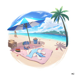 Size: 2000x2000 | Tagged: safe, artist:little_mouse, derpibooru import, oc, pony, unicorn, beach, drink, food, horn, lying down, on back, outdoors, palm tree, starfish, tree, watermelon