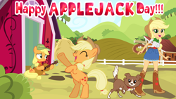 Size: 8000x4504 | Tagged: safe, artist:shieldwingarmorofgod, derpibooru import, applejack, winona, dog, earth pony, human, equestria girls, g4, applejack day, belt, bipedal, boots, clothes, cowboy boots, cowboy hat, cute, female, filly, foal, hat, high heel boots, jackabetes, mare, shirt, shoes, skirt, younger