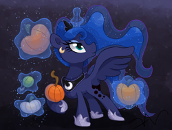 Size: 2100x1600 | Tagged: safe, artist:swasfews, derpibooru import, princess luna, dark background, ear piercing, earring, jewelry, magic, mlp fim's fourteenth anniversary, piercing, pumpkin, regalia, solo, telekinesis