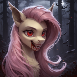 Size: 2432x2432 | Tagged: safe, ai content, derpibooru import, generator:pony diffusion v6 xl, generator:stable diffusion, machine learning generated, fluttershy, bat, bat pony, pony, undead, vampire, vampony, series:monsters of the everfree forest, g4, bat ponified, blood, bust, everfree forest, fangs, female, flutterbat, forest, mare, nature, night, outdoors, portrait, prompter:star-dragon, race swap, red eyes, solo, tree