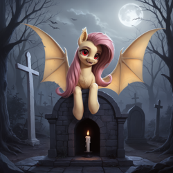 Size: 2432x2432 | Tagged: safe, ai content, derpibooru import, generator:pony diffusion v6 xl, generator:stable diffusion, machine learning generated, fluttershy, bat, bat pony, pony, undead, vampire, vampony, series:monsters of the everfree forest, g4, bat ponified, bat wings, candle, everfree forest, fangs, female, flutterbat, forest, gravestone, graveyard, looking at you, mare, moon, nature, night, open mouth, open smile, outdoors, prompter:star-dragon, race swap, red eyes, smiling, smiling at you, solo, spread wings, tree, wings