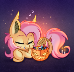 Size: 3000x2912 | Tagged: safe, artist:pesty_skillengton, derpibooru import, fluttershy, bat pony, pony, g4, bat ponified, candy, chocolate, cute, eyes closed, fangs, female, flutterbat, food, halloween, holiday, lying down, m&m's, mare, milky way bar, nutella, prone, pumpkin, race swap, shyabates, shyabetes, sketch, sleeping, smiling, snickers, solo, solo female, zzz