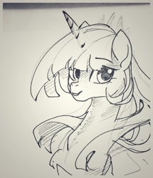 Size: 1636x1899 | Tagged: safe, artist:tingsan, derpibooru import, twilight sparkle, twilight sparkle (alicorn), alicorn, pony, g4, black and white, crown, female, grayscale, jewelry, looking at you, monochrome, regalia, simple background, smiling, solo, traditional art, white background