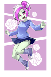 Size: 2000x3000 | Tagged: safe, artist:nekojackun, derpibooru import, oc, oc only, oc:rosemile mulberry, equestria girls, g4, clothes, female, flower, leg warmers, looking at you, microskirt, miniskirt, open mouth, passepartout, rose, schrödinger's pantsu, skirt, smiling, solo, sweater