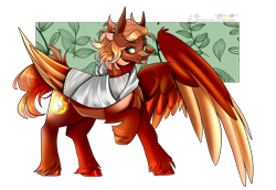 Size: 1968x1356 | Tagged: safe, artist:legendaryshadee, derpibooru import, oc, oc:golden flare, pegasus, pony, bandage, colored wings, male, solo, stallion, tongue, tongue out, two toned wings, wings