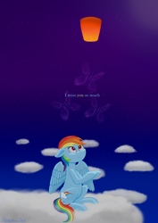 Size: 2480x3508 | Tagged: safe, artist:samenandsam, derpibooru import, rainbow dash, pegasus, pony, g4, cloud, high res, lantern, looking at something, raised hoof, raised leg, sitting, sky, solo, stars, text, wings