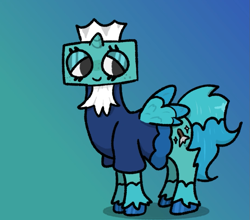 Size: 919x809 | Tagged: safe, artist:zhonva, derpibooru import, part of a set, alicorn, pony, clothes, dandy's world, female, gradient background, horn, lidded eyes, mare, ponified, roblox, rule 85, solo, species swap, tisha (dandy's world), tissue, tissue box, unshorn fetlocks, wat, wings