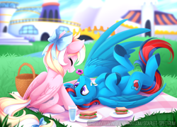 Size: 1260x900 | Tagged: safe, artist:scarlet-spectrum, derpibooru import, oc, oc only, oc:bay breeze, oc:swiftwing, pegasus, pony, g4, basket, belly, bow, building, canterlot, couple, cute, duo, duo male and female, eyes closed, female, flower, folded wings, food, grass, hair bow, happy, large wings, lying down, male, mare, mouth hold, oc x oc, on back, outdoors, picnic, picnic basket, picnic blanket, sandwich, shipping, spread wings, stallion, straight, swiftbreeze, tail, tail bow, wings