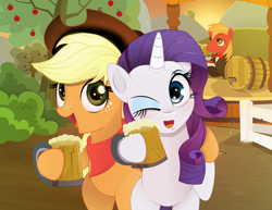 Size: 1584x1224 | Tagged: safe, artist:coltsteelstallion, derpibooru import, applejack, big macintosh, rarity, earth pony, pony, unicorn, g4, apple cider, bandana, bowtie, cowboy hat, female, hat, hind legs, horn, male, mare, mug, one eye closed, outdoors, side hug, stallion, stetson, tray, waiter, wink