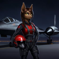 Size: 1024x1024 | Tagged: safe, ai content, derpibooru import, machine learning generated, anthro, bat pony, series:g.i. pony: a real equestrian hero, blackbird, braid, braided pigtails, clothes, cobra the enemy, cosplay, costume, female, flight suit, g.i. joe, generator:google imagen 3.0, hand on hip, helmet, jet, lockheed, night, outdoors, pigtails, plane, prompter:zerowinger, runway, smiling, solo, sr-71 blackbird, strato-viper