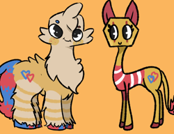 Size: 1066x820 | Tagged: safe, artist:zhonva, derpibooru import, part of a set, earth pony, pony, brother and sister, dandy's world, duo, female, goob (dandy's world), male, mare, orange background, ponified, roblox, rule 85, scraps (dandy's world), siblings, simple background, skinny, species swap, stallion, thin, unshorn fetlocks, wat